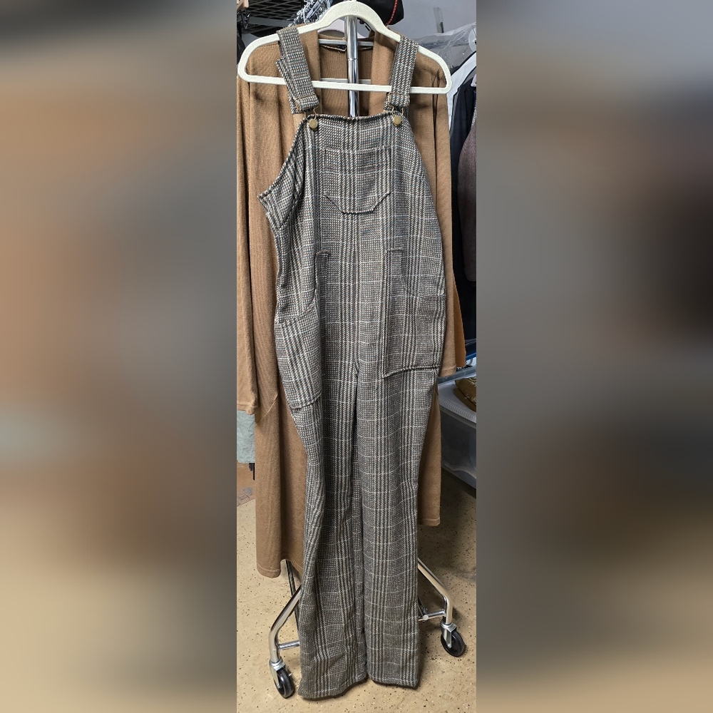 Plaid Wide-Leg Overalls - Brown/Gray